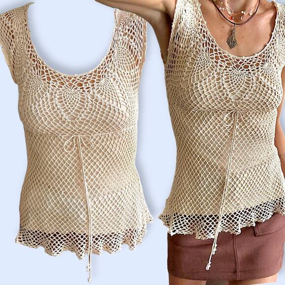 Y2K Crochet Open Weave Tank Top Scalloped Hem Boho Fairycore VTG Festival Chic S - Picture 13 of 14